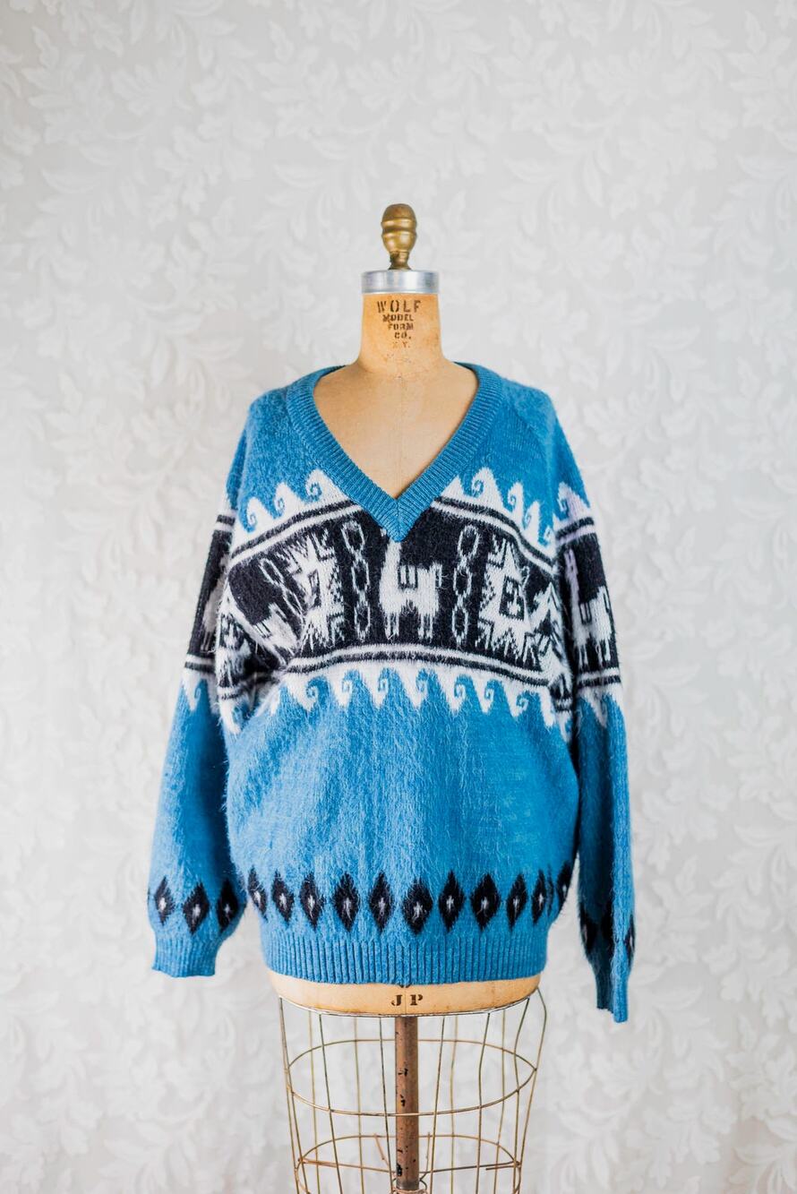Vintage 70s 80s Peruvian Wool Blend Sweater V Neck Alpaca Boho Knit Pullover LG